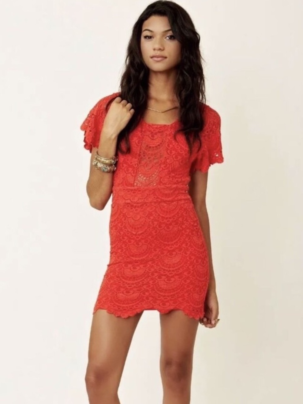 Nightcap Lace Flutter Sleeve Mini Dress Red Size XS